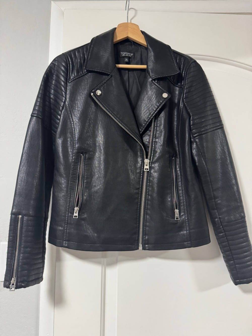 Topshop Black Quilted Sleeve Leather Moto Jacket